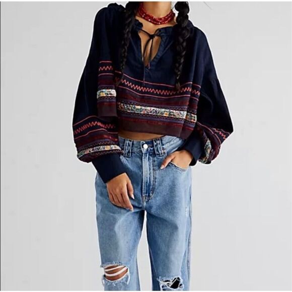 We the Free People Katie Denim Top Embroidered Peasant Tie Velvet & Mesh Trim M - Picture 2 of 13